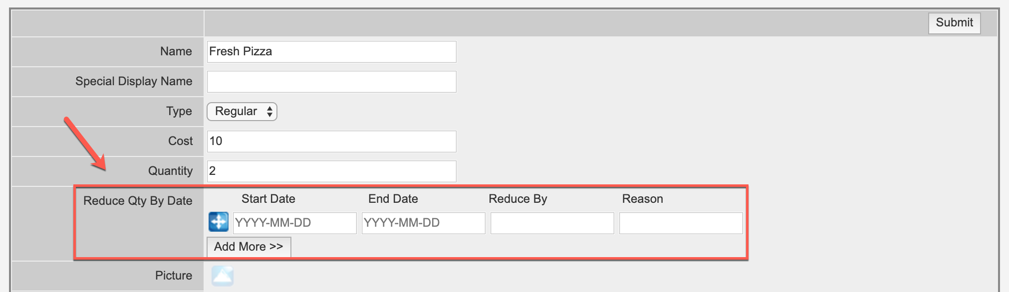 The "Reduce Quantity by Date" field in Admin>Products>Items