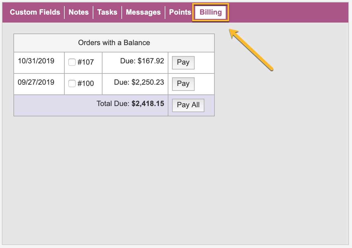 The Billing tab in a customer profile in the CRM