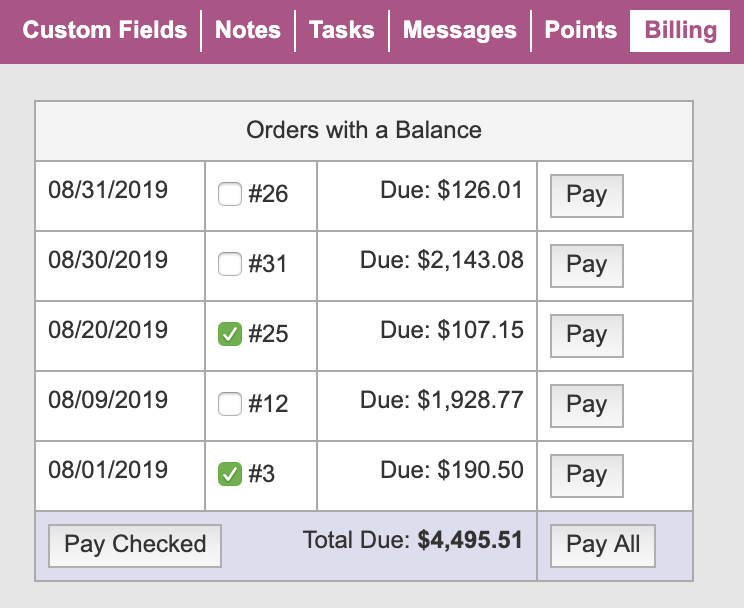The Billing tab in a customer profile in the CRM with some order number checkboxes checked