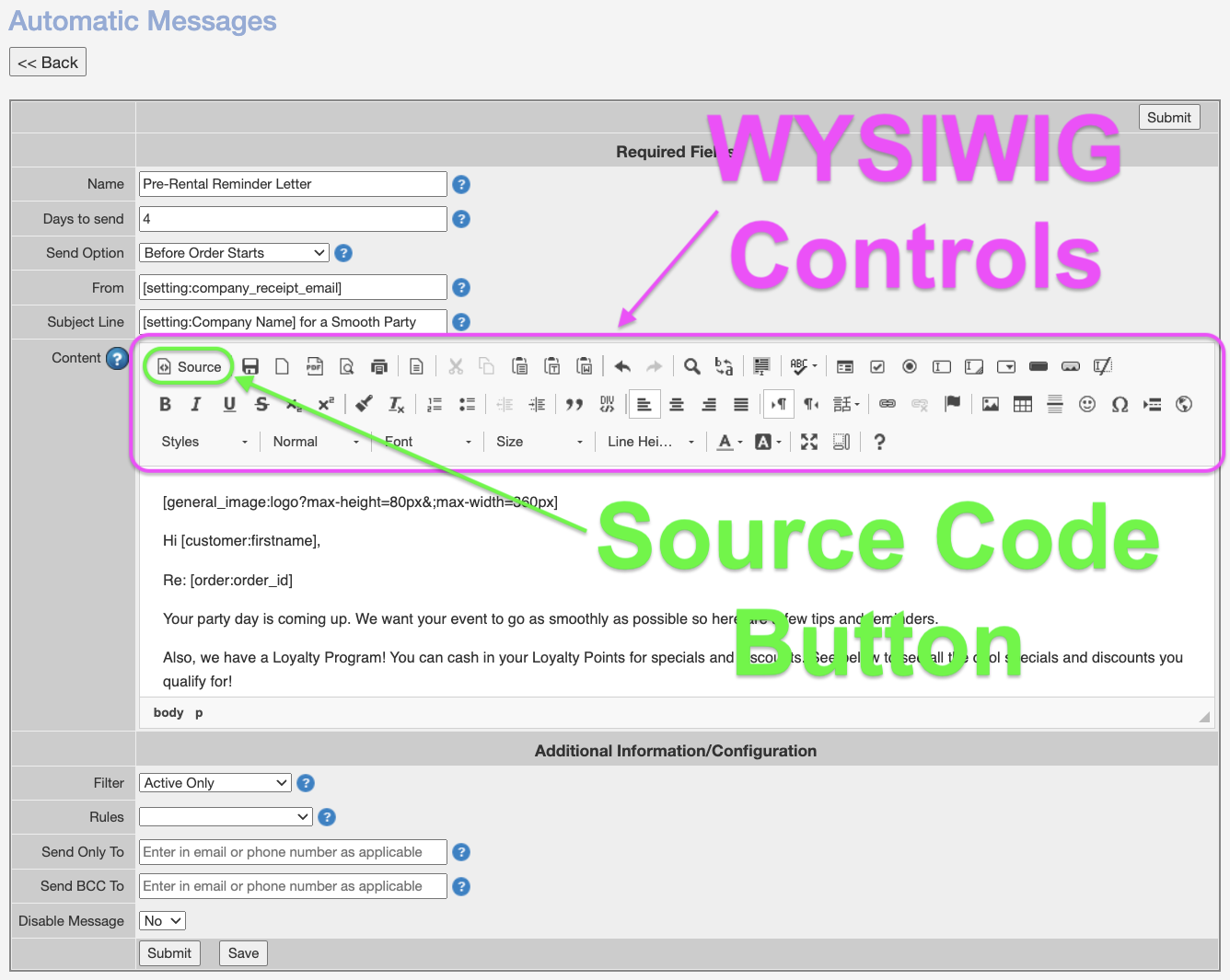 Automatic Messages WYSIWIG Controls and Source Code Button.png
